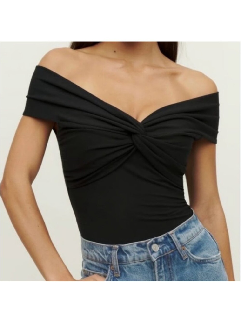 Reformation Black Off-Shoulder Twist Front Bodysuit